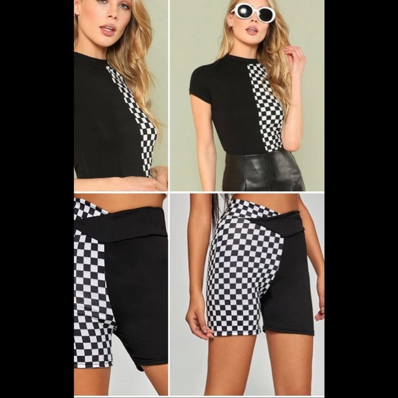 Tops - Checker biker color block black short sleeve shirt
